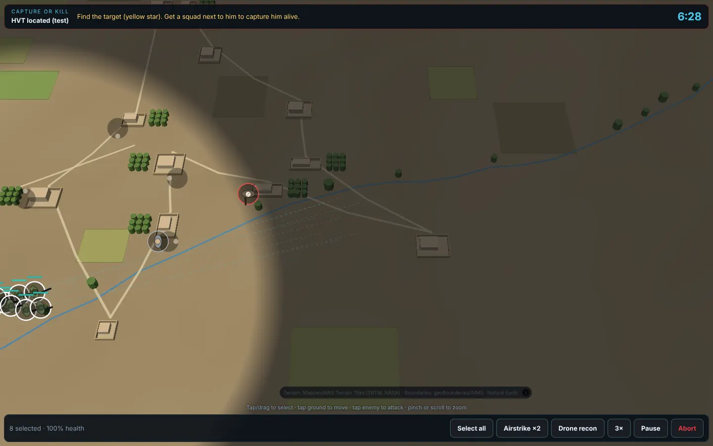 A tactical battle around a village of walled compounds