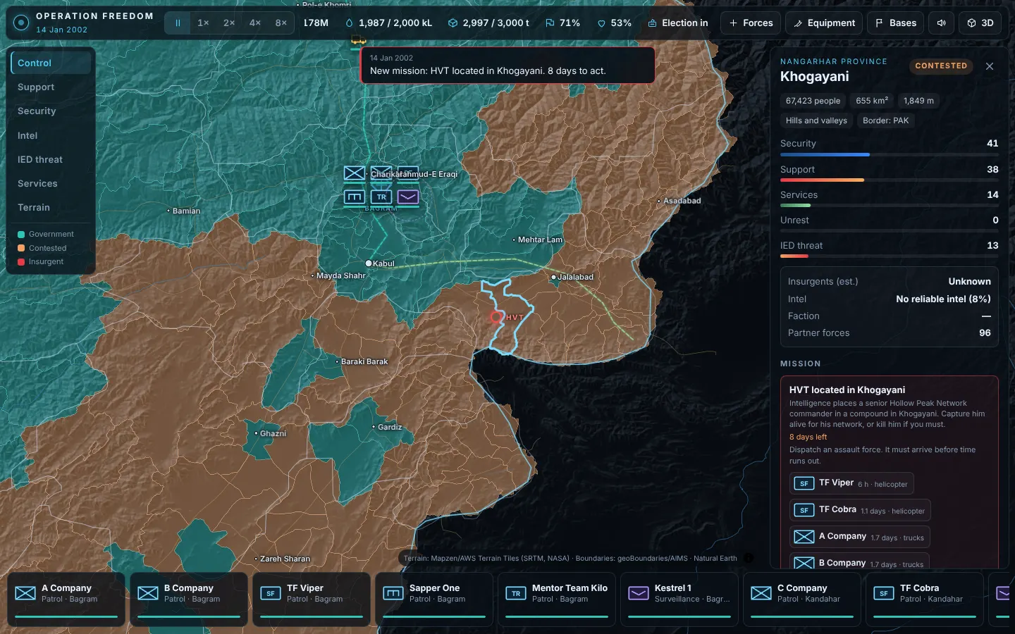 A high-value target mission with units listed by arrival time
